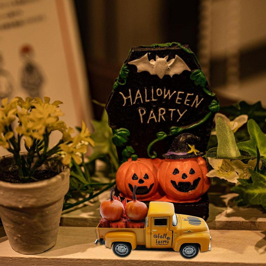 Vintage Metal Pickup Truck Model With Pumpkin Maples Leaf Ornaments Autumn Harvest Thanksgiving Decors For Tiered Tray