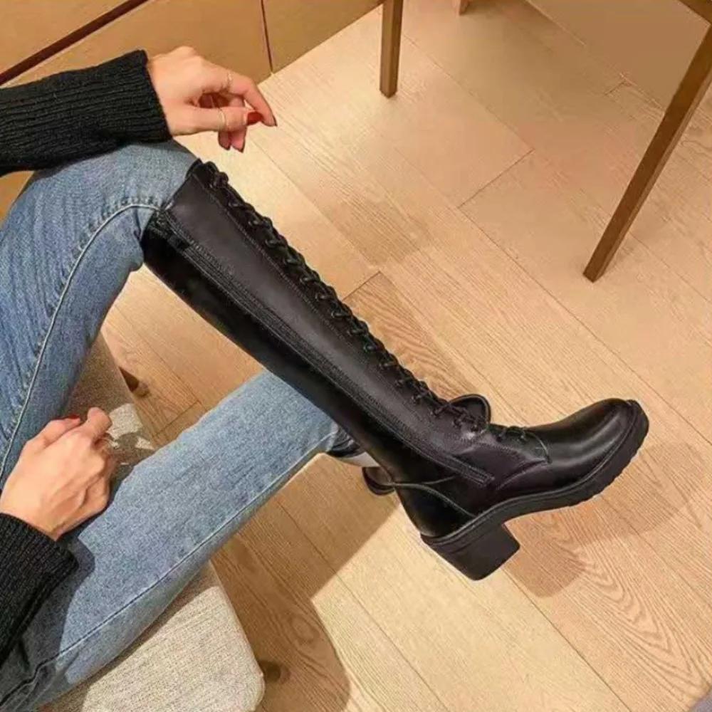 Leather Elegant Ladies Knee High Shaft Shoes Round Toe Demi-season Large Size Warm Trend 2024 New In On Offer Women's Long Boots