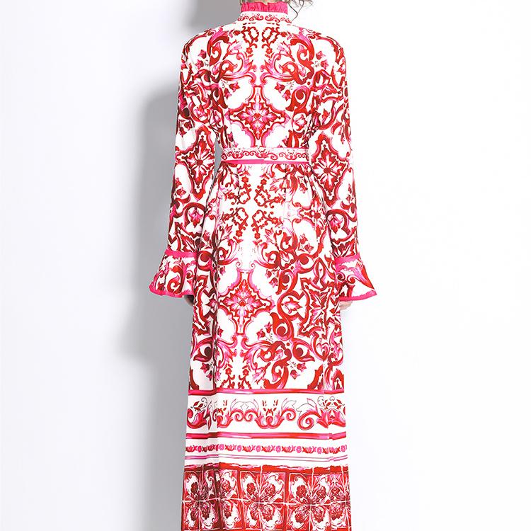 Primavera Otoño Pasarela Amarillo Rojo Azul Y Estampado Porcelana Blanca Bata Vestidos Maxi de Fiesta para Mujer con Volantes Manga Larga Acampanada Cinturón con Cordones