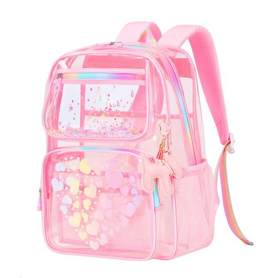Kids Clear Backpack Waterproof Student Backpack with Love Heart Prints Book Bag with Front Zipper Pockets for Boys Girls School Street