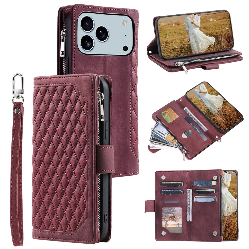 Pour iPhone 17 Pro Max Étui Portefeuille Ligne de Coutures Losanges Cuir PU Housse de Téléphone avec Dragonne