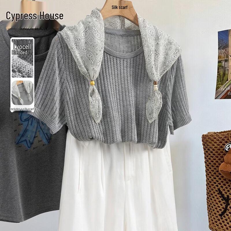 Sibaishe Women s French Elegant Tencel Knit T-Shirt One Size