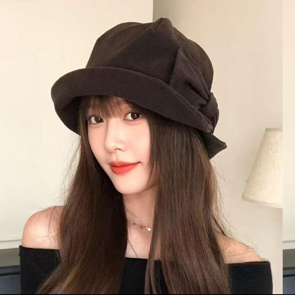 Bowknot Fisherman Cap Small Brim Basin Cap Elegant Corduroy Bucket Hat Casual