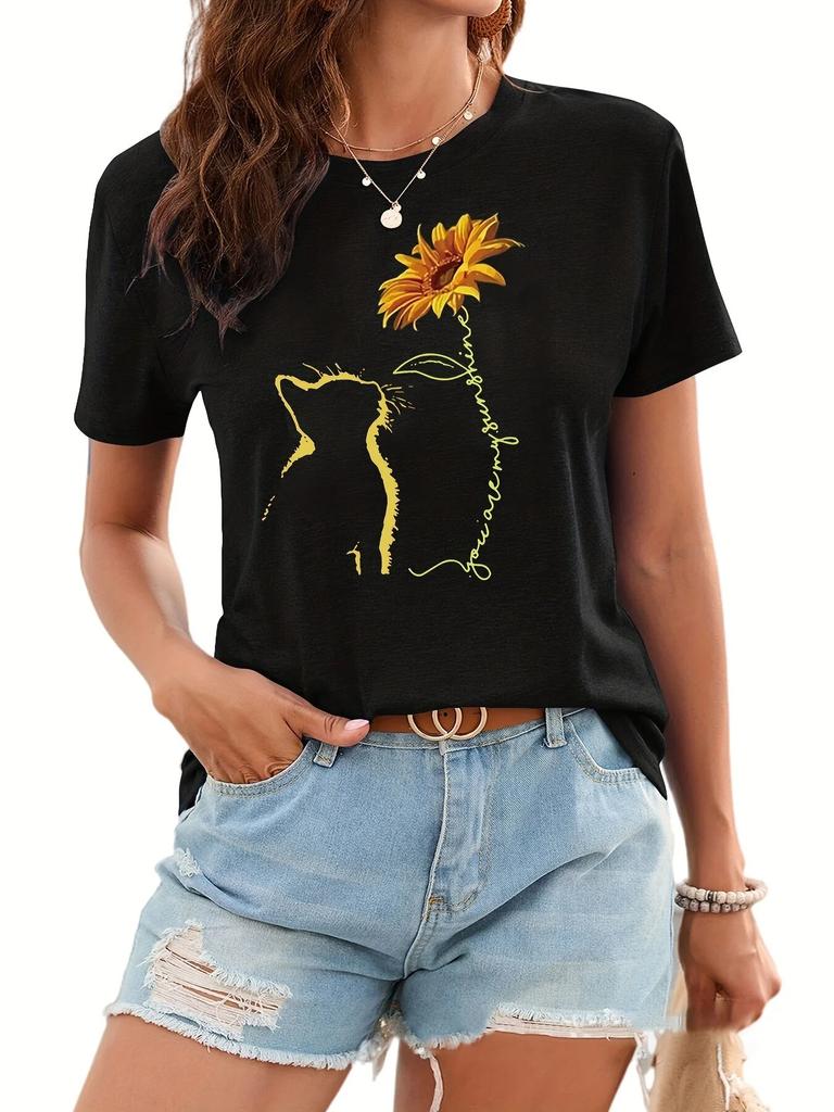 Sunflower & Cat Print T-Shirt, Short Sleeve Crew Neck Casual Top For Summer & Spring, WoUnisex Clothing Unisex