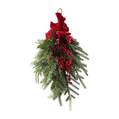 Upside Down Xmas Artificial Wreath Bow Knot Red Berries Hanging Xmas Teardrop Tree Decoration for