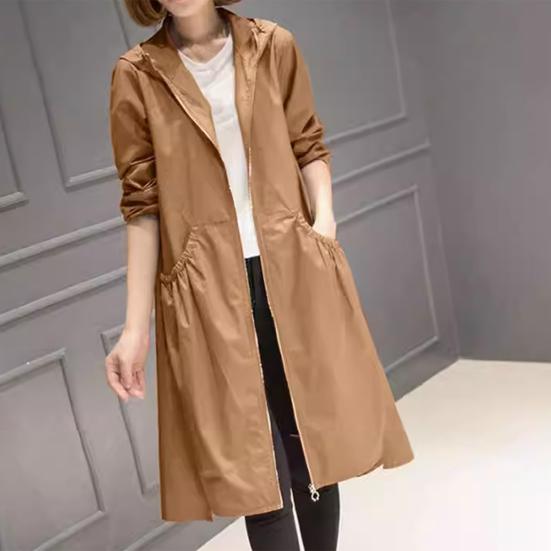 Damen Frühling Herbst Kapuzen Mittellang Windjacke Reißverschlussleiste Langarm Taschen Einfarbig