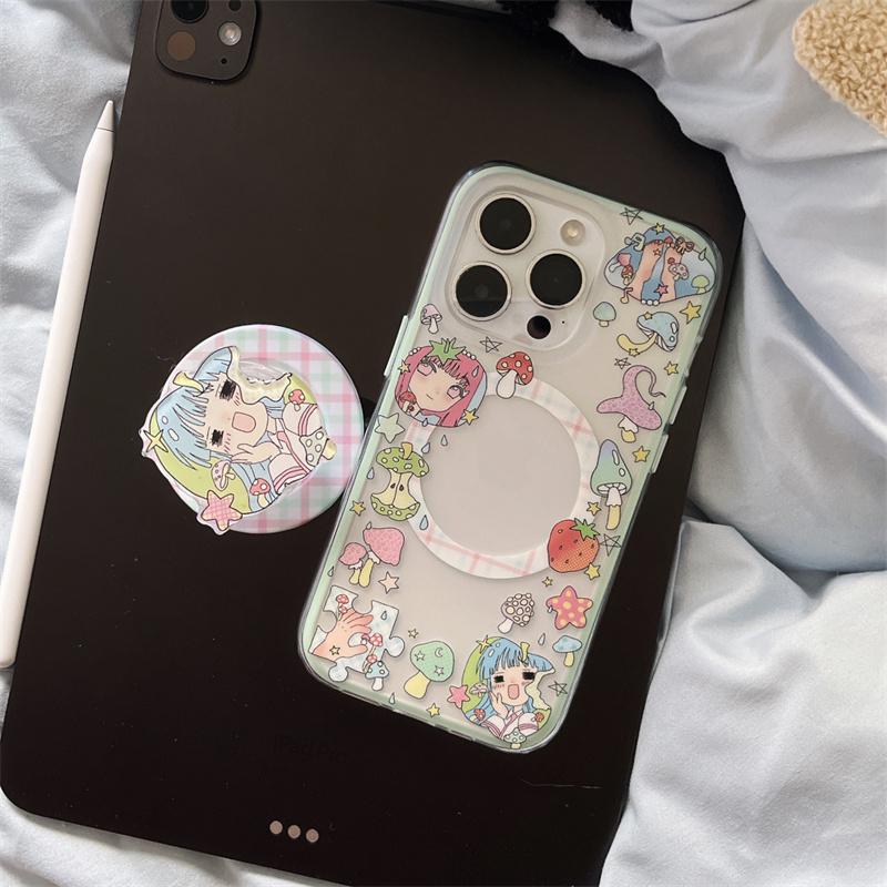 Japan Kawaii Cartoon Girl Magnetic Stand Holder Phone Case For iPhone 16 Pro 15 14 13 Pro Max Shockproof Cute Cases for Magsafe