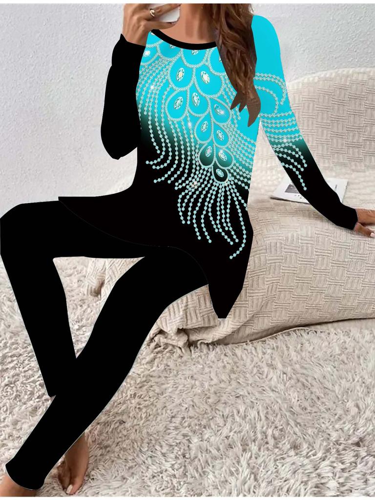 Euroamerikanische Mode 3D-gedrucktes Damen Vier-Jahreszeiten Langarm-T-Shirt + Lange Hose Zweiteiler. Perfektes Geschenk für Neujahr & Weihnachten