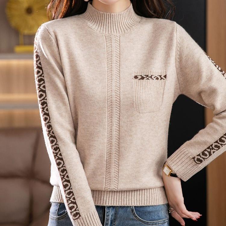 Half Turtleneck Warm Sweater for Women Short Solid-color Loose Knitted Sweater for Autumn and Winter Casual Long-sleeved Pullover