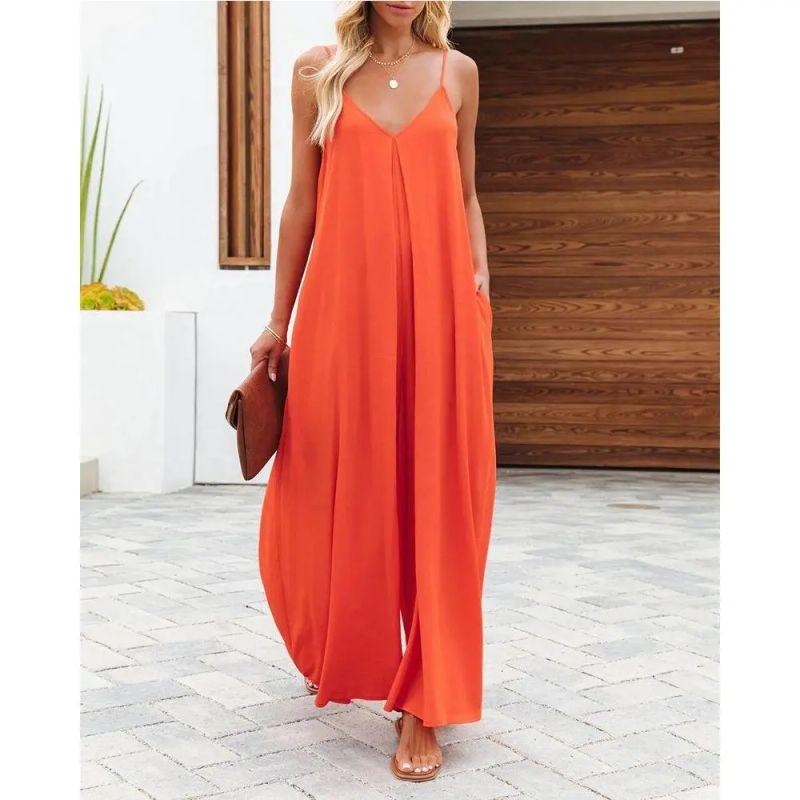 

European and American Sling Wide Leg Pants Women 2025 Summer New Solid Pocket Casual Jumpsuit Orange Red S
