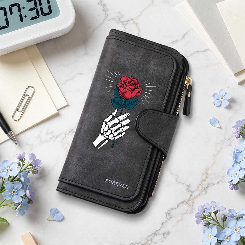 Gothic Skeleton Rose Print Long Wallet Fashion Multi Slot Portable Forever Purse 