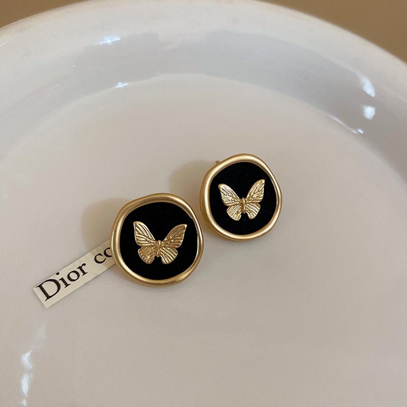 Black Enamel Oil Drop Butterfly Earrings Retro Versatile High-end Stud Earrings Niche Earrings Women