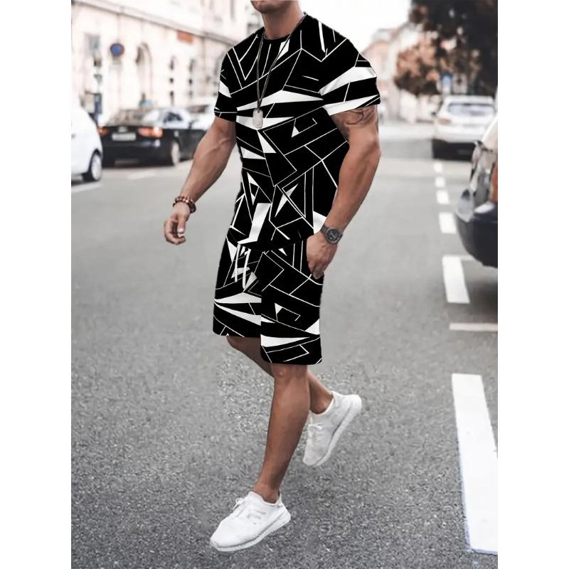 Summer Men's Clothing Letter Print Short Sleeve Top Men's Elastic Waist Shorts 2-piece Set Plus Size T Shirts Shorts Set
