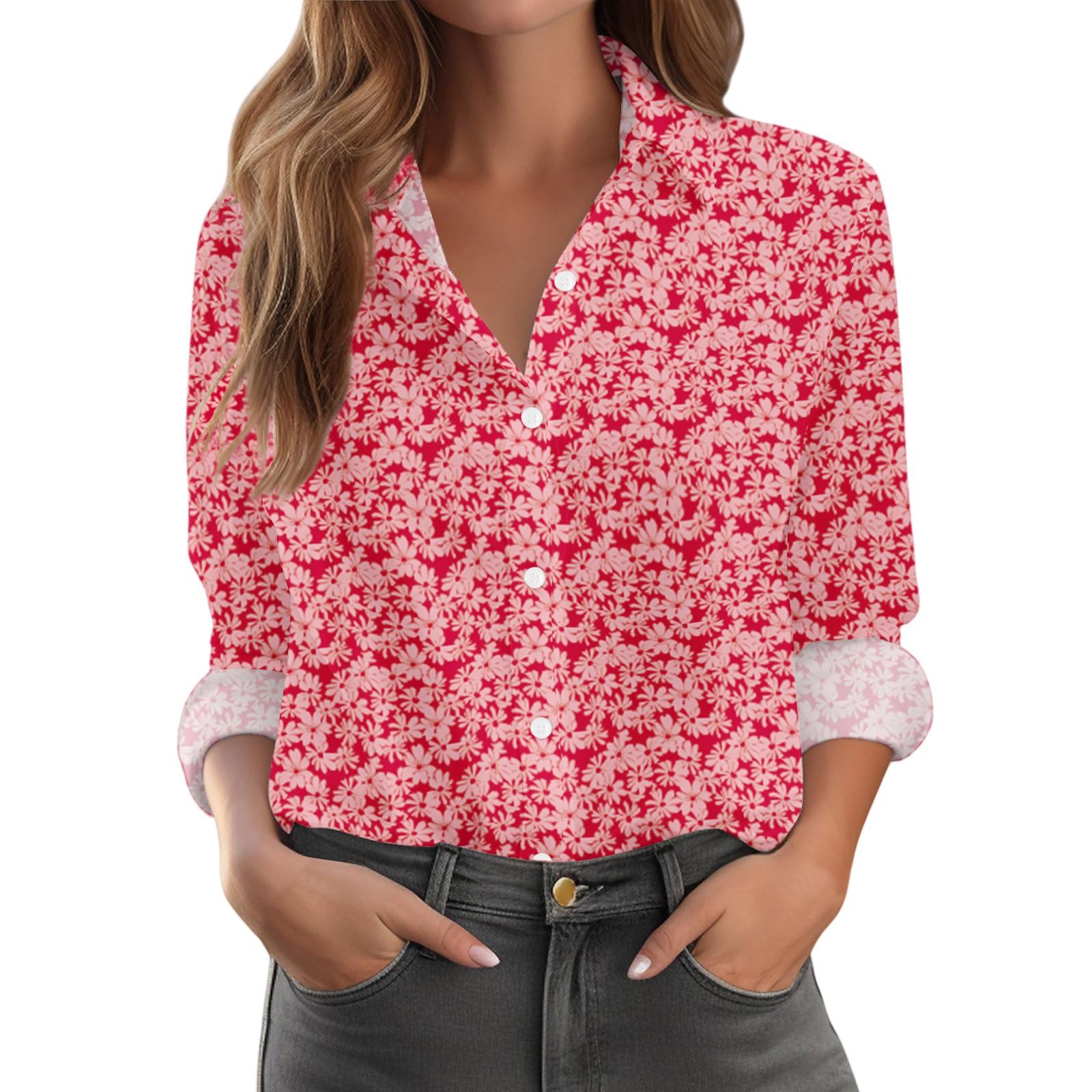 

Женская рубашка с пуговицами с цветочным принтом, повседневная рубашка с длинными рукавами, блузки, повседневные базовые топы больших размеров XL красный