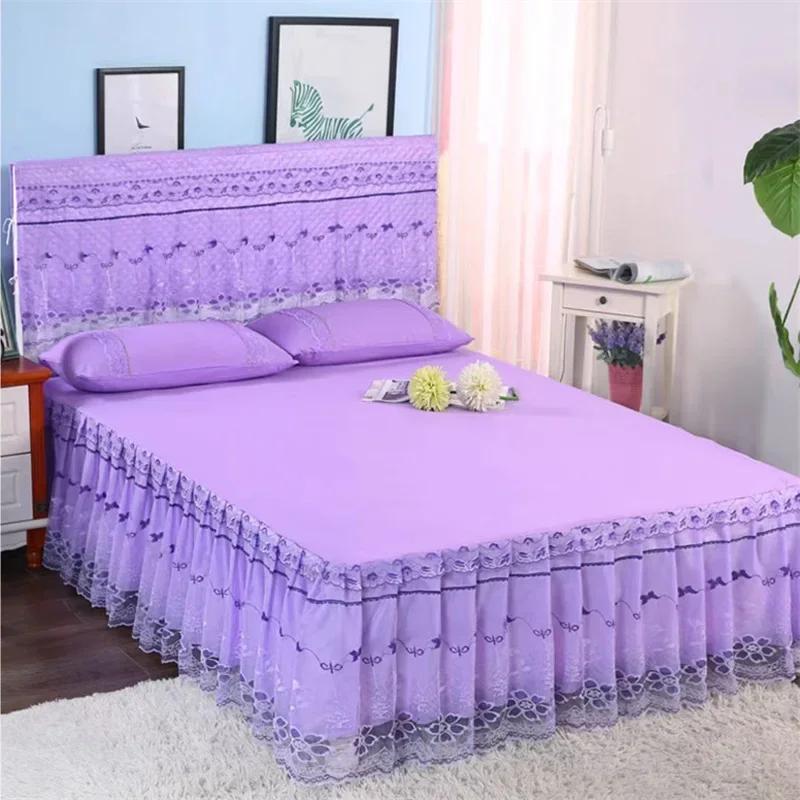 Colcha morada estilo falda de cama, funda de cama de encaje de 1,8 metros, colcha antideslizante de estilo princesa rosa, 2 fundas de almohada, juego de tres piezas, 3 uds.