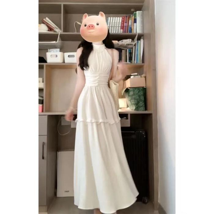 Elegant Summer Halter Neck Midi Dress - Sleeveless Waist-Cinched French Style for Women Medium