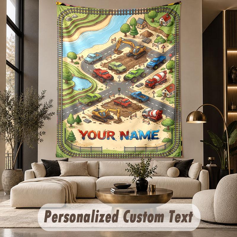 Construction Vehicles (19) Theme Custom Tapestry Personalized Custom Name Text Wall Hanging Tapestry Home Decor Background Cloth