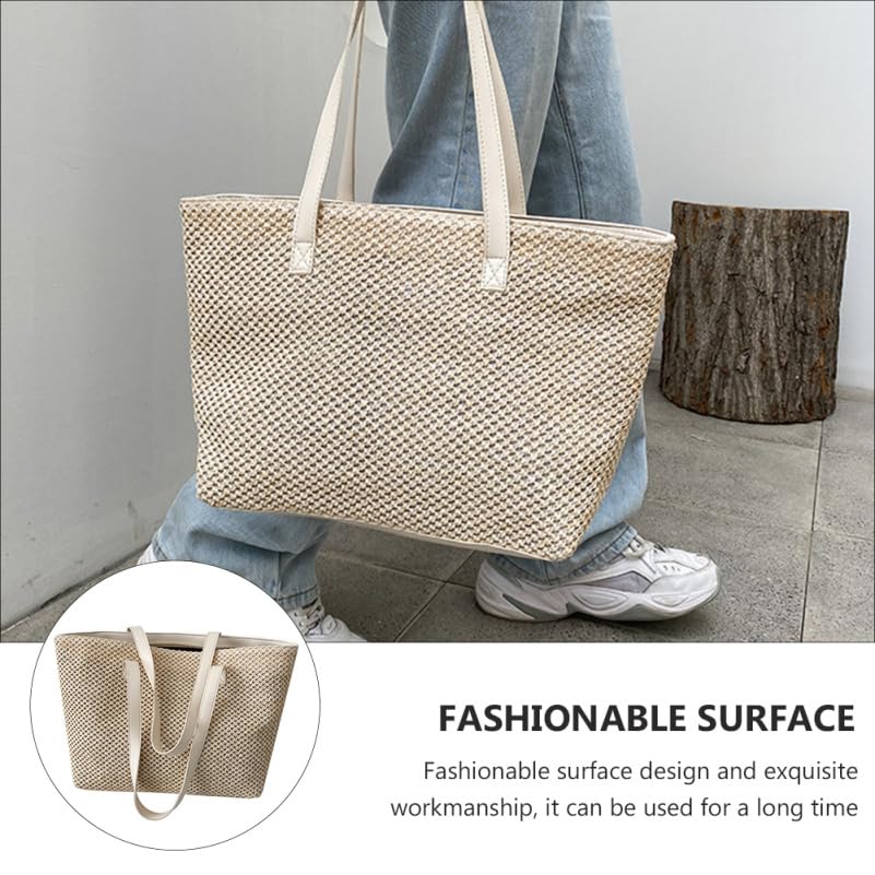 [DEARMAMY] 1 Handbag, Women's Tote Bag, Straw Beach Tote, Straw Tote, Women's Shoulder Tote Bag, Raffia Bag, Woven Tote, Summer Bag, Pu Leather, Beige