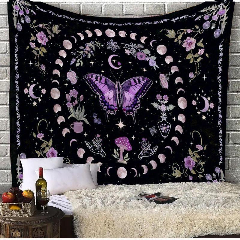 Purple Butterfly Moon Phases Tapestry Wall Hanging Floral Mushroom Witchy Celestial Aesthetic Wall Art Bedroom Dorm Decor