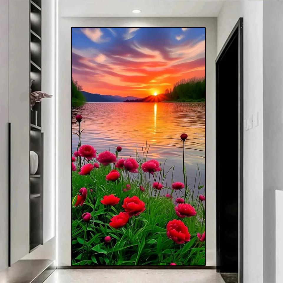 Nuovo Fai da Te Pittura Diamante 5D Paesaggio Fiore Cerchio Completo Mosaico Paesaggio Tramonto Ricamo Diamante Arte Decorazione Casa