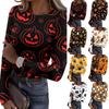 Women Casual Long Sleeve Ribbed Top Halloween Pumpkin Print Crew Neck Stretchy Slim Fit Shirt for Autumn Winter