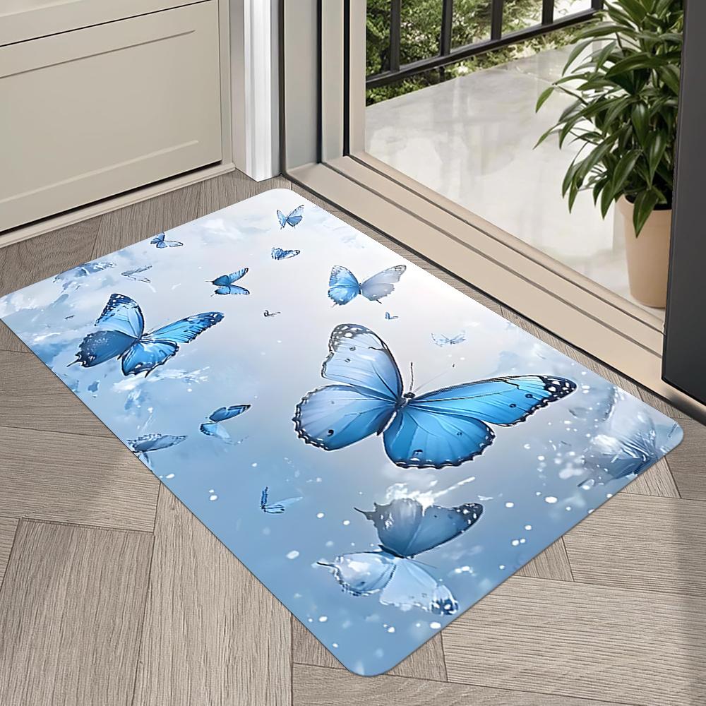 1pc Blue butterfly patterned floor mat, machine washable polyester, suitable for bedroom and living room décor.