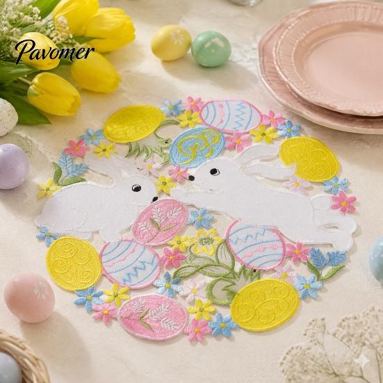 Decorative Mats for Dining Table Easter Rabbit Egg Placemat, Polyester Fiber Mat, Non Cartoon Bunny Desktop Decor Slip Hollow Tableware Mat