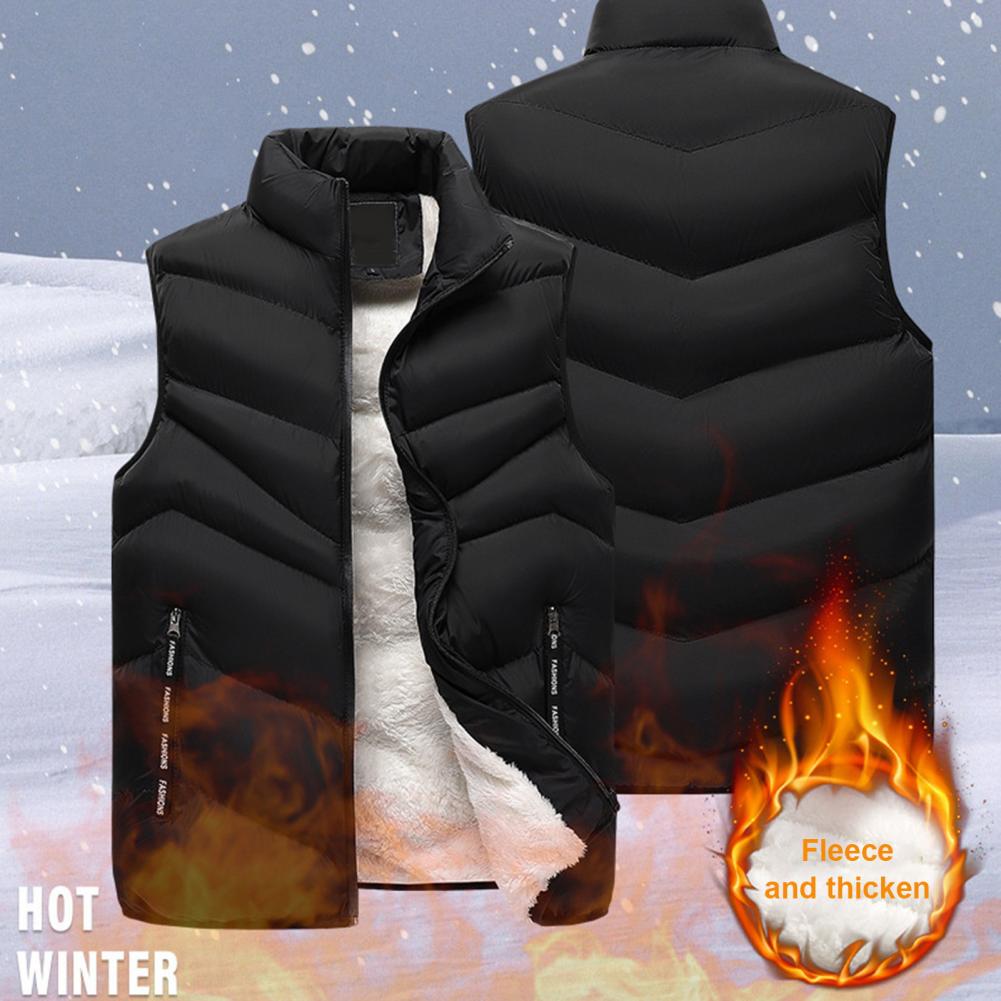 Cotton Waistcoat with Pockets Men's Stand Collar Sleeveless Cotton Vest with Plush Lining Zipper Placket Solid Color Waistcoat