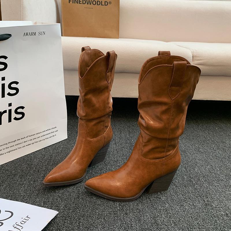 Fashion Womens Mid Calf Boots Designer Pleated Leather Boots Chunky Heel Western Cowboy Boot Pointed Chelsea Boots for Women Knight Boot