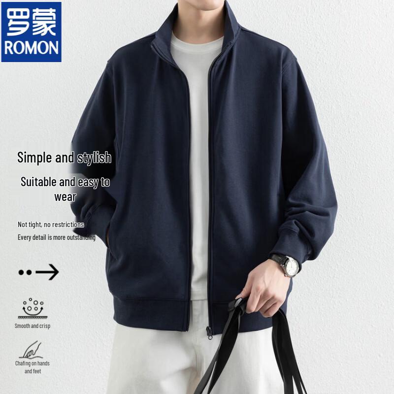 ROMON Men's Spring/Autumn Full-Zip Stand-Collar Cotton Blend Casual Jacket