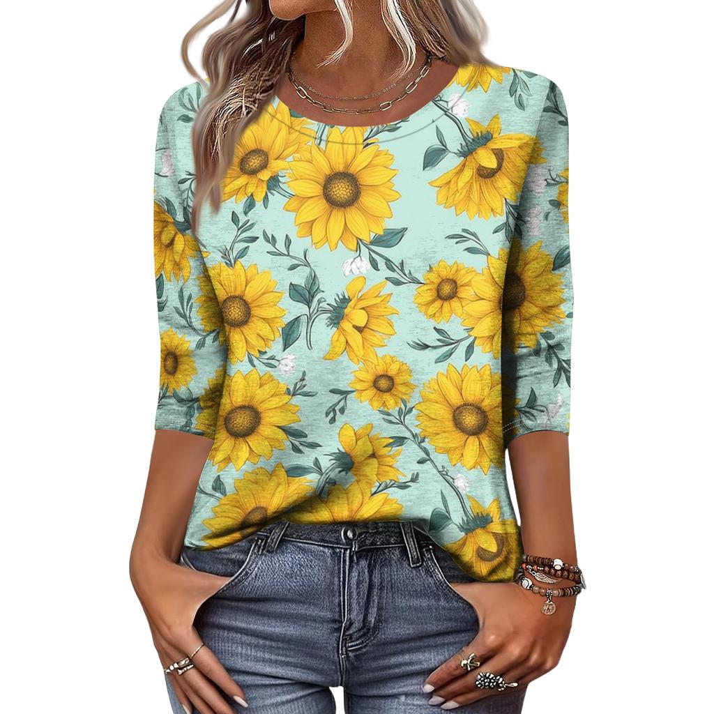 Women's Fashion Casual Round Neck 3/4 Sleeve Loose Printed T-Shirt Ladies Top