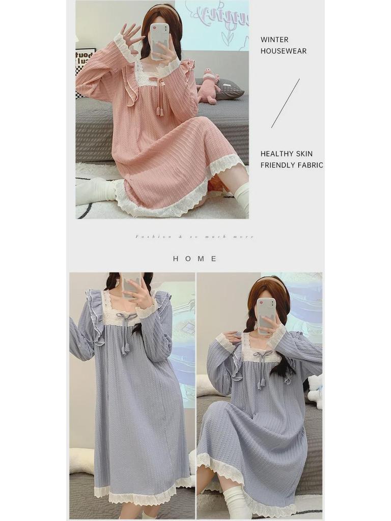 6535 Jacquard Cotton Pajamas - Women's Sweet Long-Sleeve Mid-Length Nightdress, Plus Size (Up To 220 Lbs) for Spring & Autumn