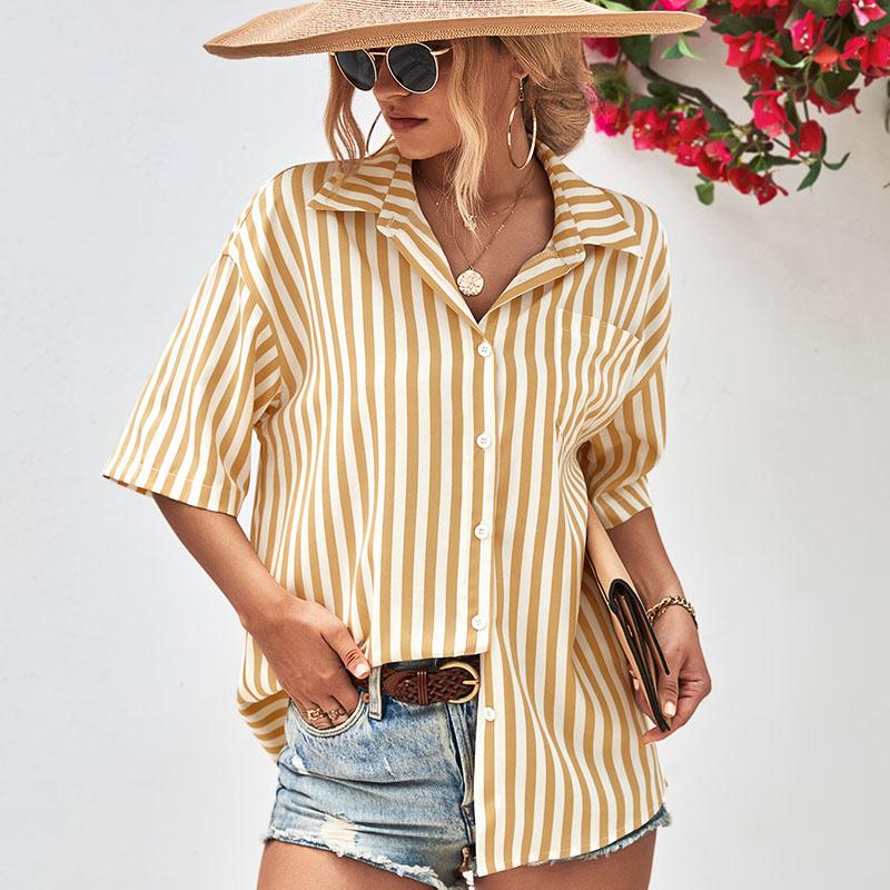 

Модная летняя повседневная женская рубашка в полоску с коротким рукавом и одним карманом XL миндальный