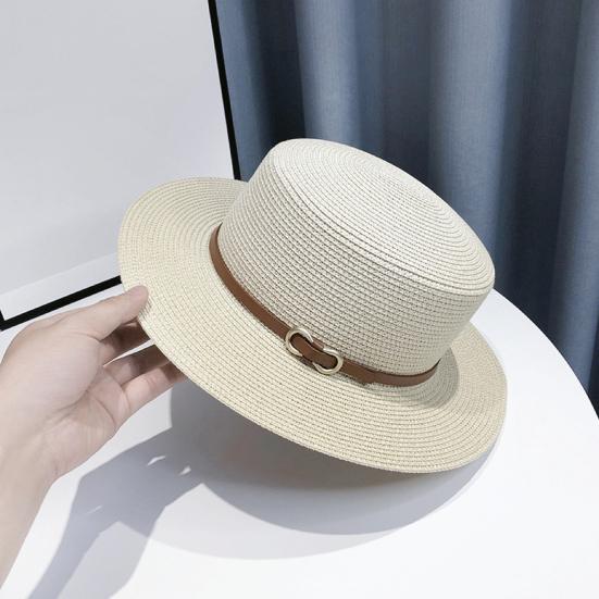 Panama Hat Women Men Faux Leather Buckle Straw Sun Hat French Style Flat-Top Style Wide Brim UV Protection Beach Hat