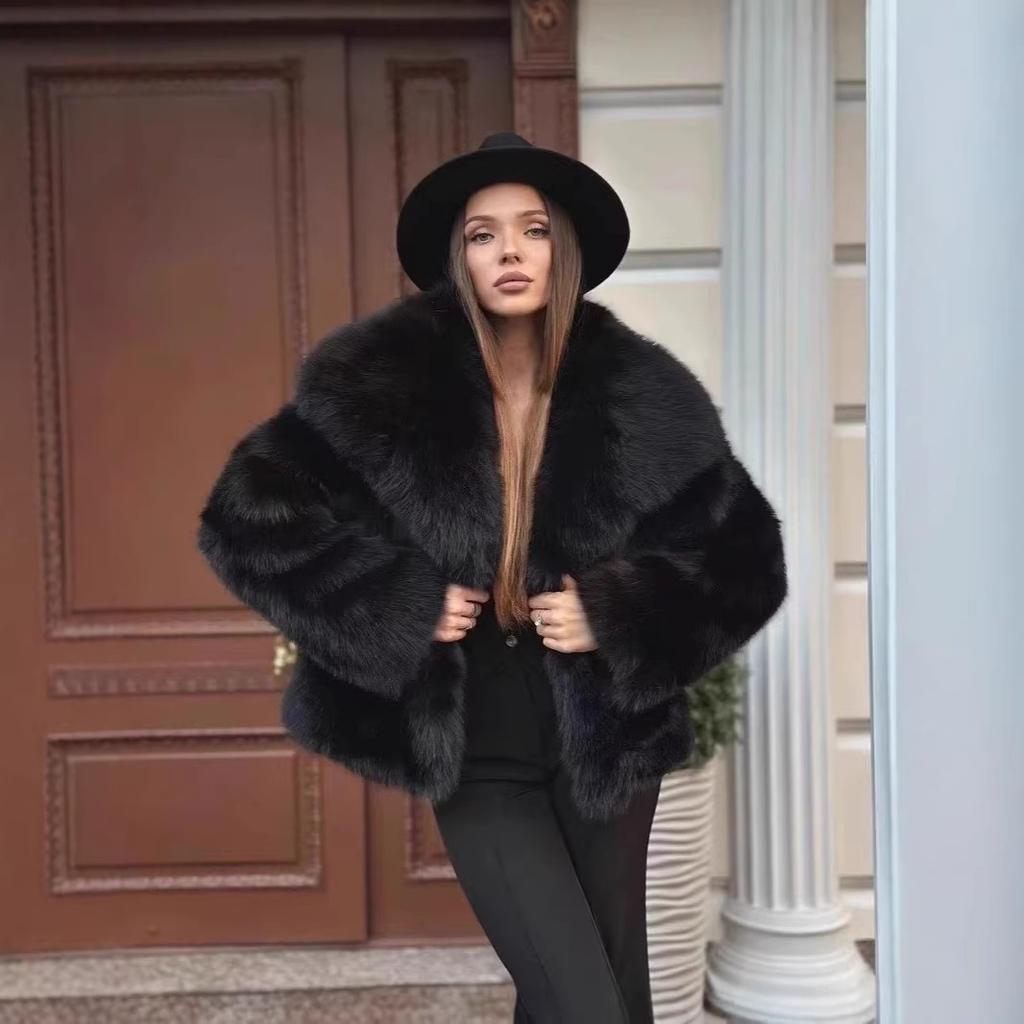 Damen Reverskragen Langarm Kunstpelzmantel Lockerer Schnitt Streetwear Pelzjacke