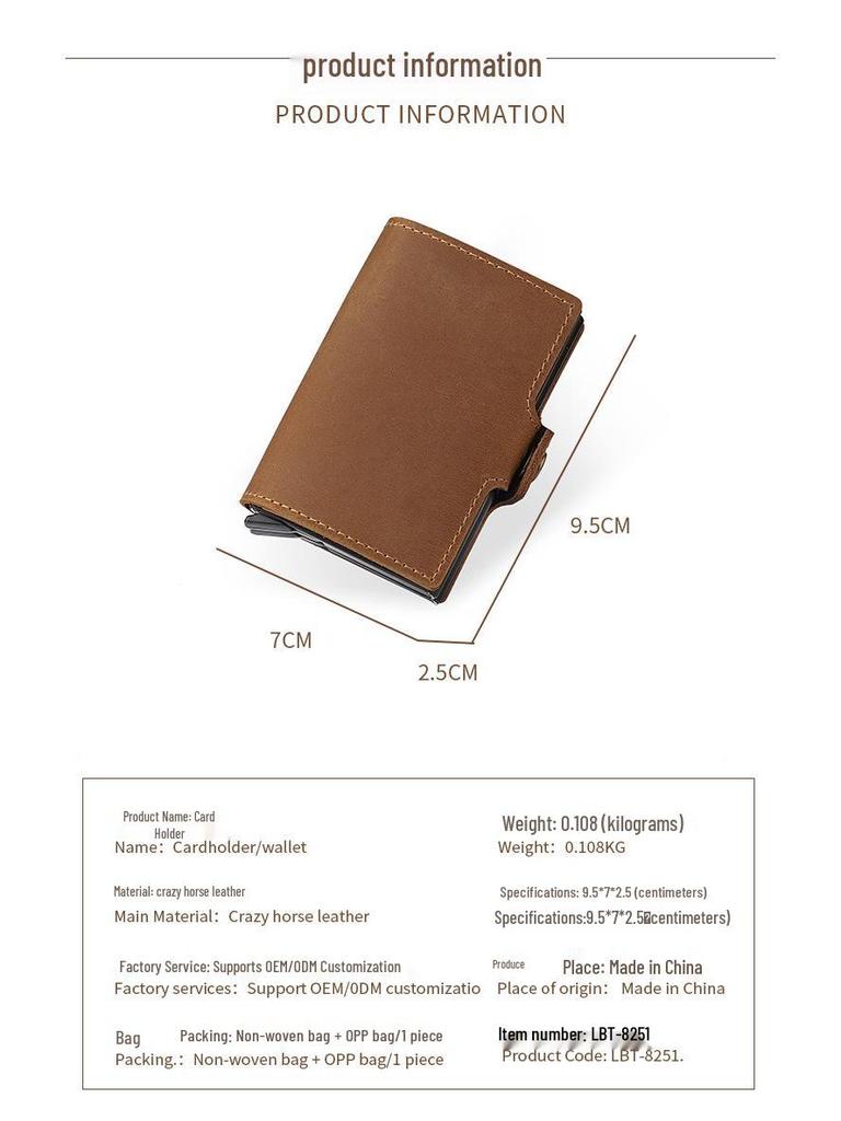 Vintage 2025 Men's Double-Layer Crazy Horse Leather Card Holder with Push-Button Pop-Up and Aluminum Clip