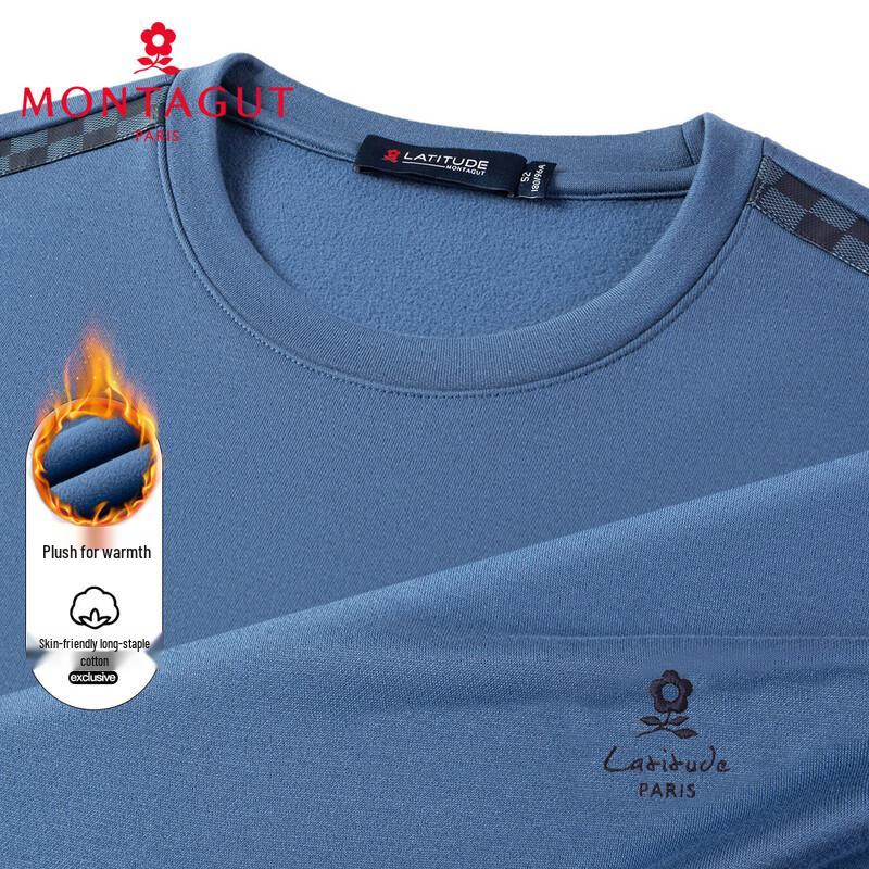 

MONTAGUT Men s Leather Plaid Patchwork Fleece Lined Crew Neck Sweatshirt 2XL