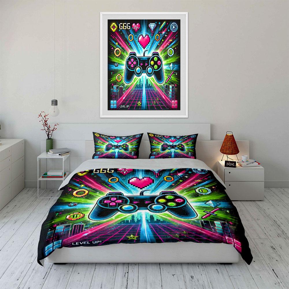 Retro Gaming Controller Design Bedding Duvet Cover Set (1*Duvet Cover 2*Pillowcases, without duvet insert)