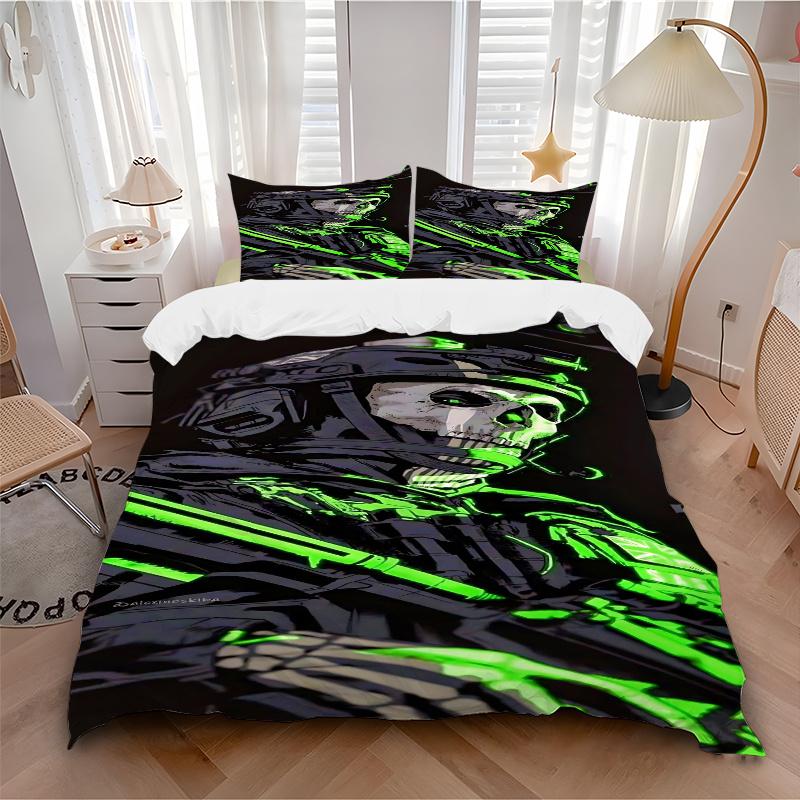 3pcs Neon Green Skull Military Uniform Home Bedding Set-Universal Three-Piece Suit for Bedroom, Guest Room, Living Room, Hotel-Perfect Gift