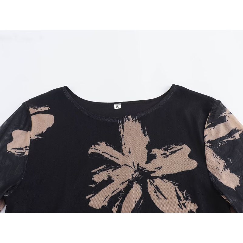 Kaslead New Arrival Women's Clothing Fashion Style Fashion Silm Print Mesh Cinched Hip Bag Long Sleeves Dress