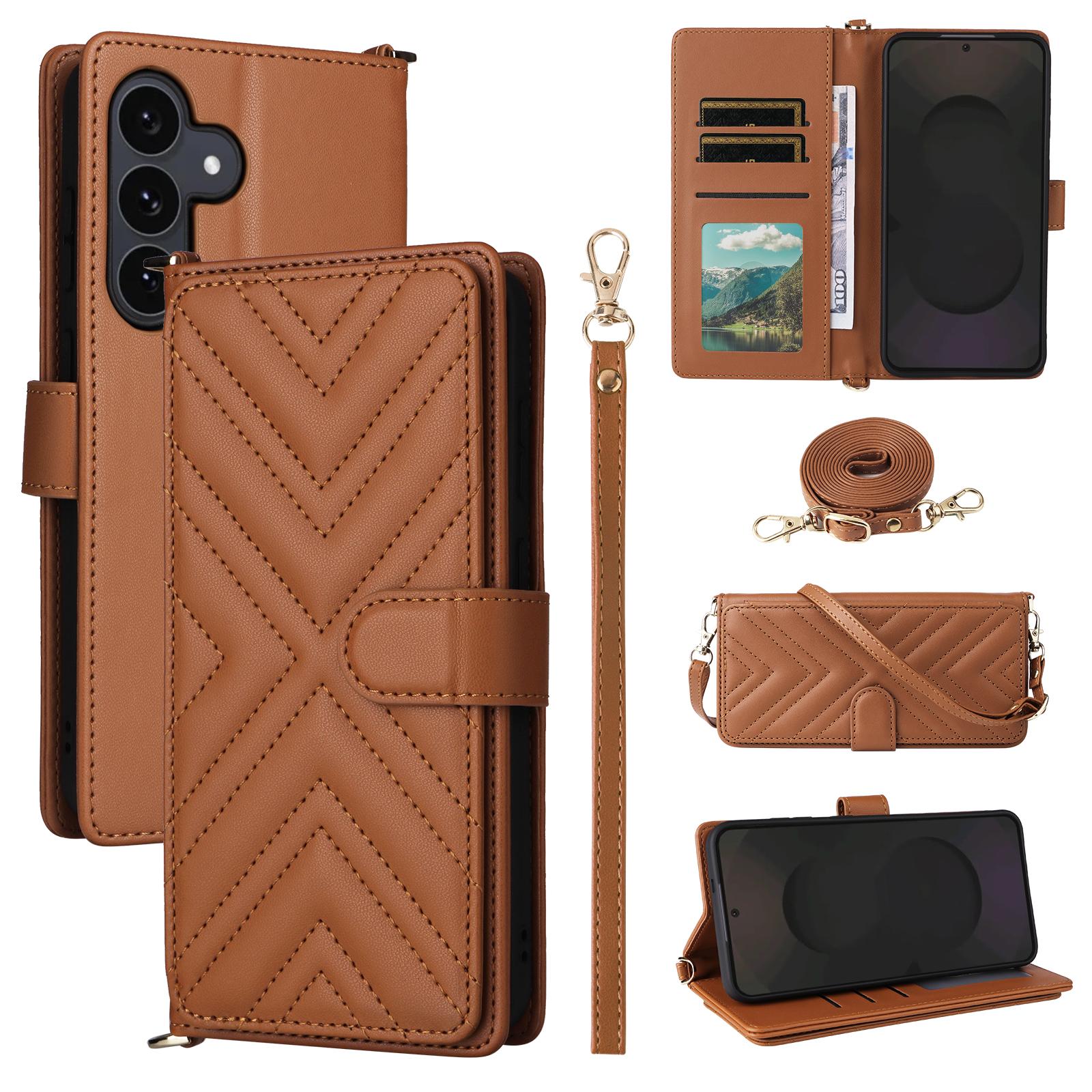 

For Samsung Galaxy S25 FE Case with Shoulder/Wrist Strap Leather Phone Cover Stand Wallet Brown