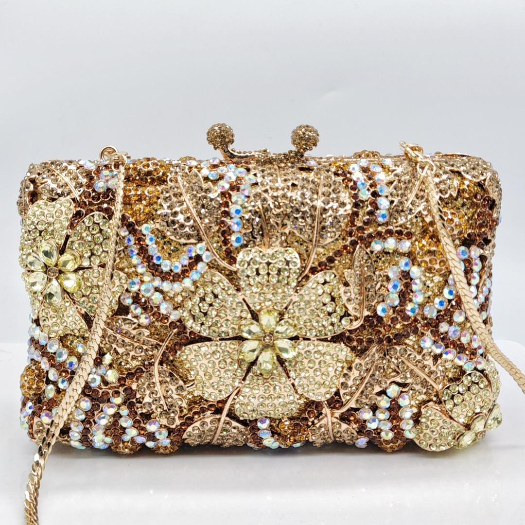 

Evening Flower Diamond Bags Hard Metal Green/Blue/Gold Clutch Purse Wedding Party Bag Rhinestone Handbags Women Formal Purse 20cmX12cmX5.5cm