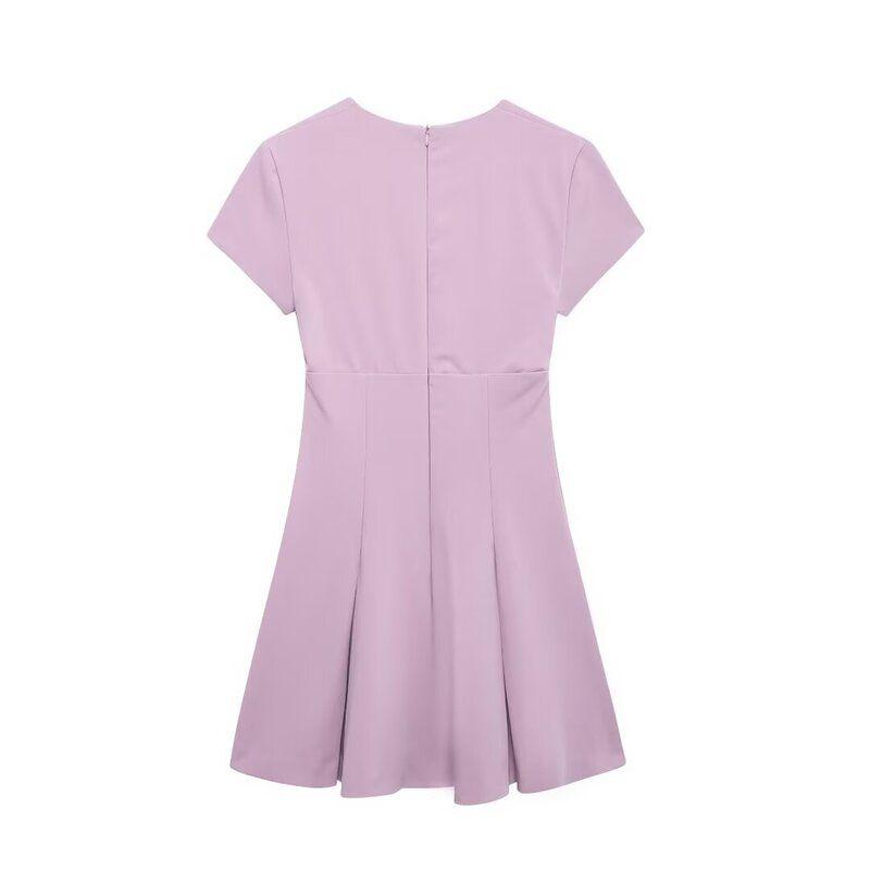 Fashion Style 2024 Fall and Winter New Women's Clothing Stylish Wide Pleated V Neck Short Sleeve Short Dress 4764264