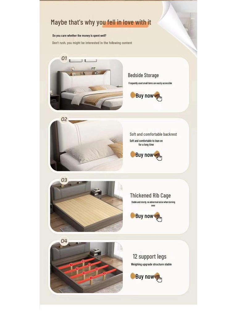 Modern Minimalist Solid Wood Panel Bed - Double (1.8m) or Single (1.2m) for Master Bedroom or Rental Room