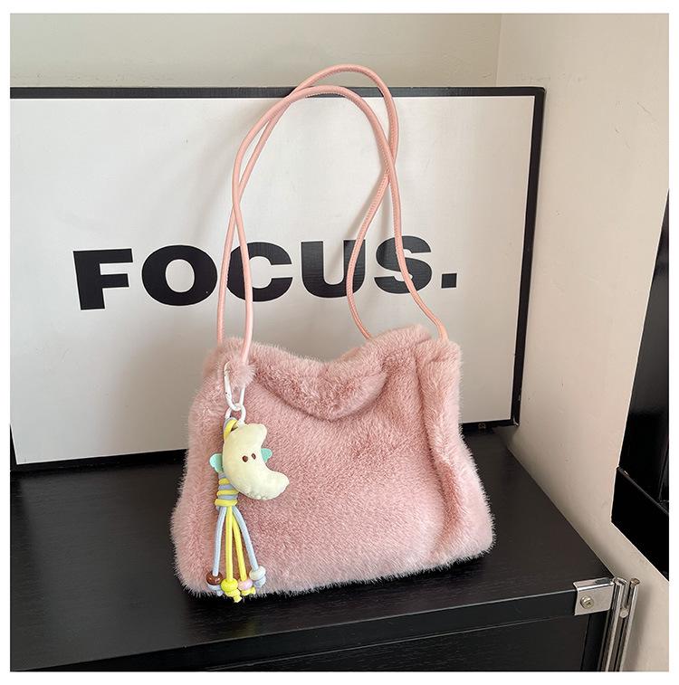 Bolsa Tote Transversal e de Ombro de Pelúcia Fofa Estilo Coreano