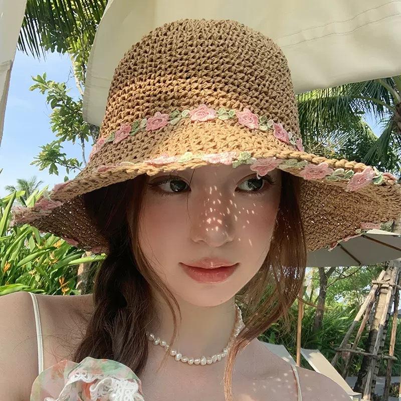 Flat-top straw hat women's straw top hat, new summer big-brimmed sun hat, seaside vacation sun hat