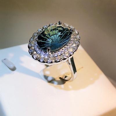 Anillo de mujer de zafiro artesanal de lujo, mosaico ovalado geométrico, anillo de circón cúbico oxidado brillante, joyería de aniversario, joyería para mujer, regalo de cumpleaños