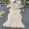New Polo Collar Temperament Gold Buckle Pit Strip Slim French Short-sleeved Green Long Knitted Dress