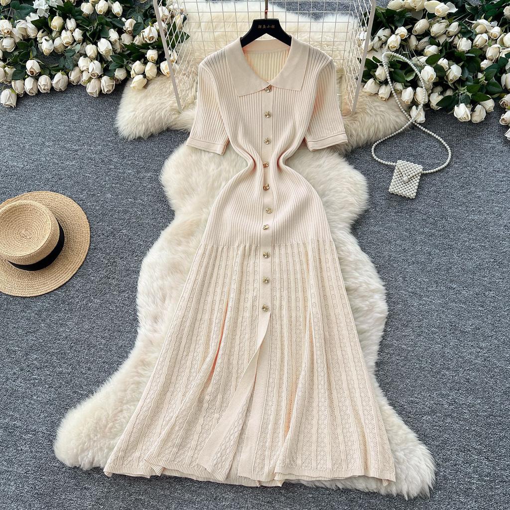 New Polo Collar Temperament Gold Buckle Pit Strip Slim French Short-sleeved Green Long Knitted Dress