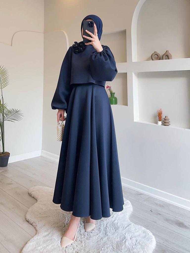 Autumn  Dubai Floral Lantern Sleeve Loose Dress & Skirt Set for Women